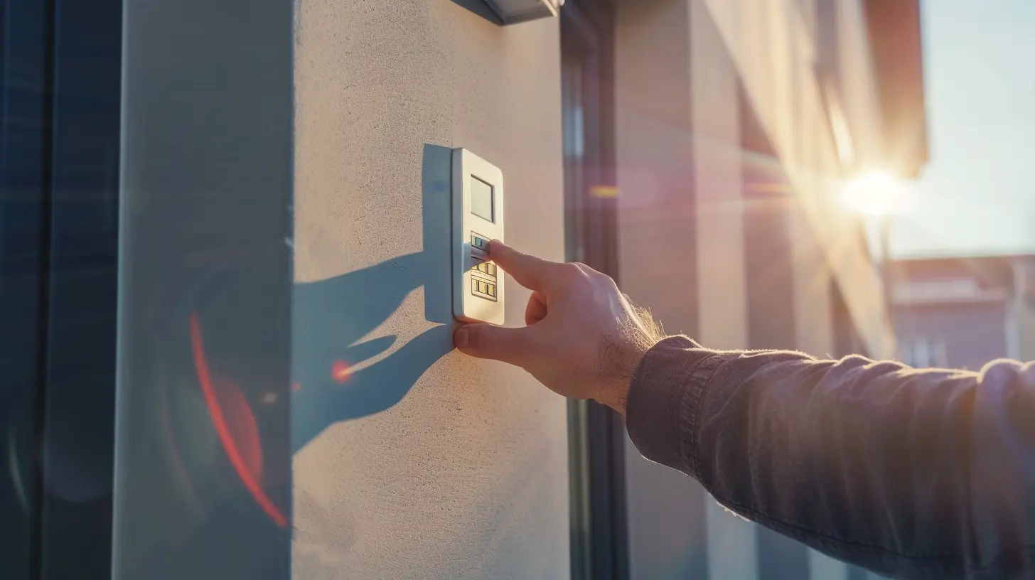 Technician checking an outdoor alarm keypad during a service visit